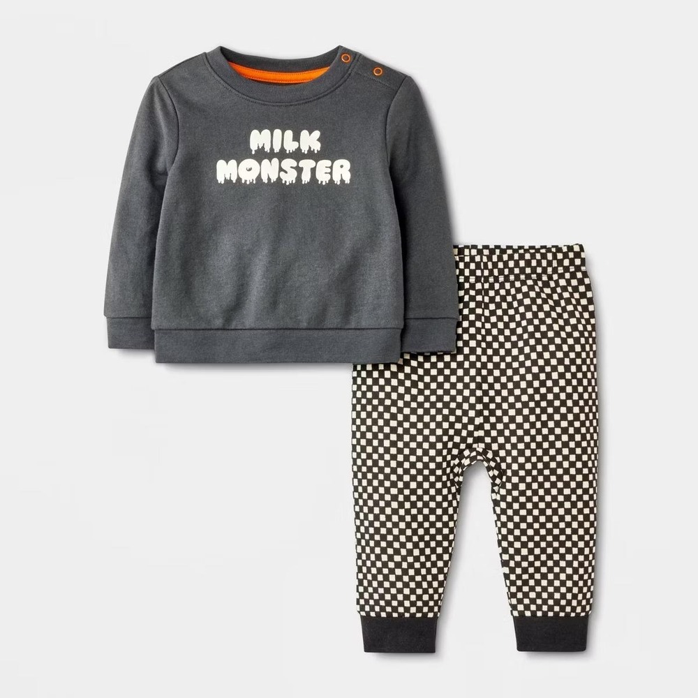 Cat & Jack Baby Milk‎ Monster Sweatshirt Jogger Set Checkered NB Halloween Cute